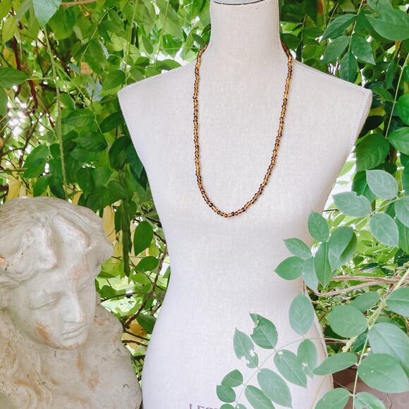 VTG Signed Vogue 50s 60s Striped Warm Amber Glass Bead Necklace 30" Matinee MCM - Picture 7 of 10